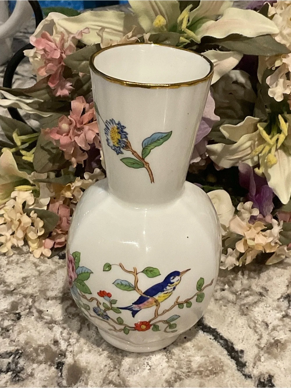 BR-AYNSLEY-ENGLAND BONE  White Bud Vase with Blue & Yellow Bird Motif